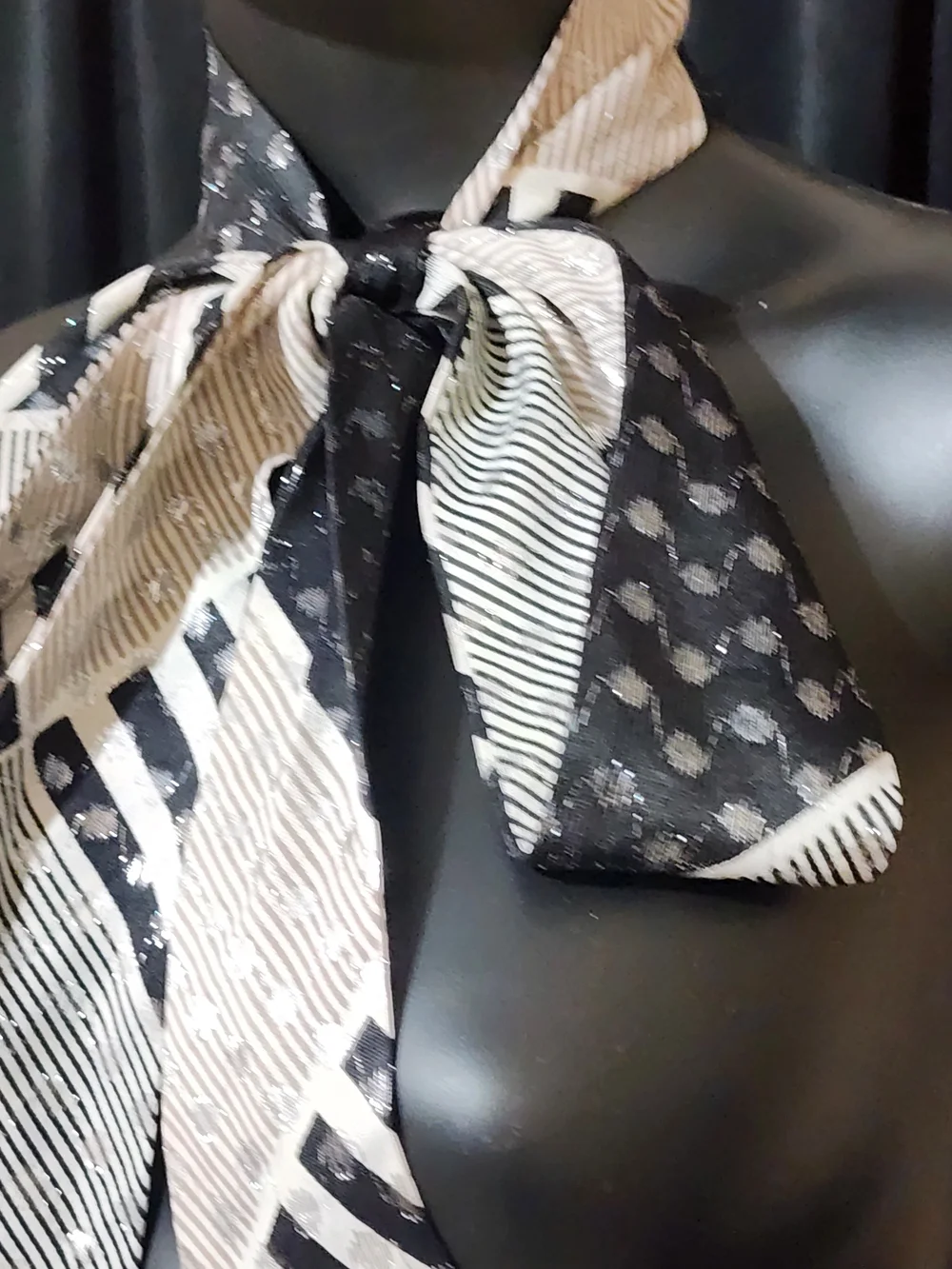 Vintage 80s Bow Neck Scarf Black White Striped Polka Dot Shimmer Oblong
